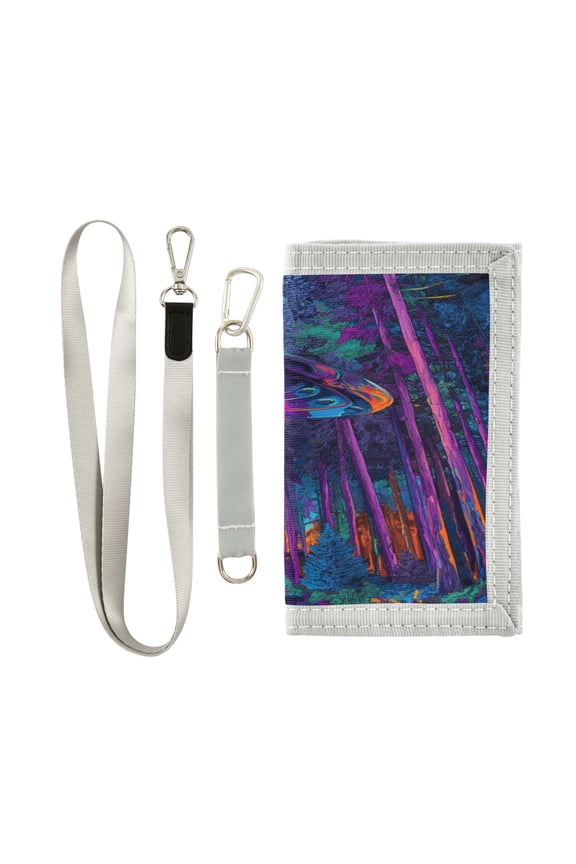 Nylon Fabric Wallet Compact Bifold With Zipper Coin Pocket Card Slots And Detachable Keychain Lanyard Alien Flying Saucer