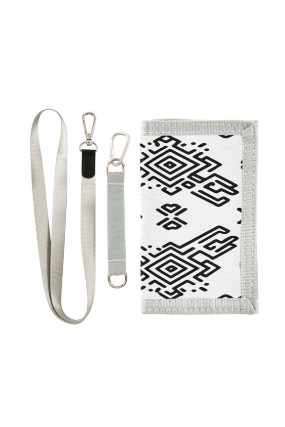 Nylon Fabric Wallet Compact Bifold With Zipper Coin Pocket Card Slots And Detachable Keychain Lanyard Aztec Pattern