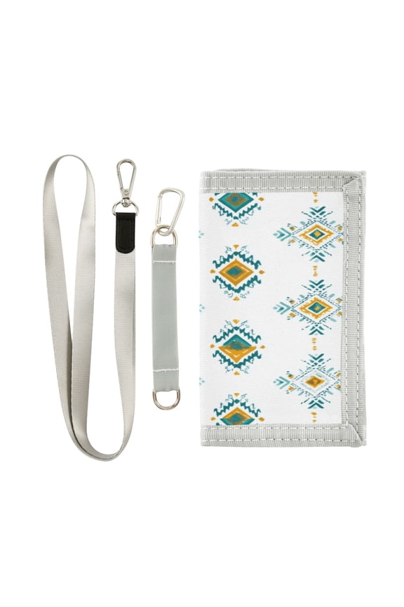 Nylon Fabric Wallet Compact Bifold With Zipper Coin Pocket Card Slots And Detachable Keychain Lanyard Aztec Pattern