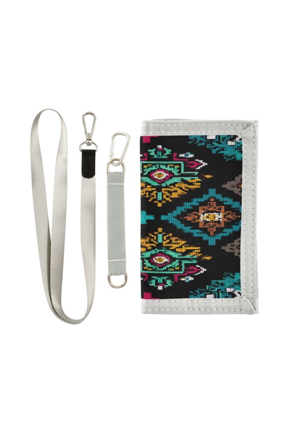 Nylon Fabric Wallet Compact Bifold With Zipper Coin Pocket Card Slots And Detachable Keychain Lanyard Aztec-inspired Pattern