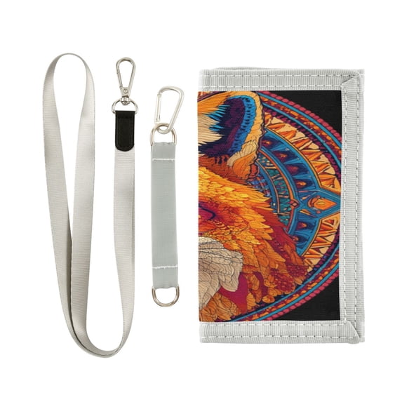 Nylon Fabric Wallet Compact Bifold With Zipper Coin Pocket Card Slots And Detachable Keychain Lanyard Colorful Fox Face