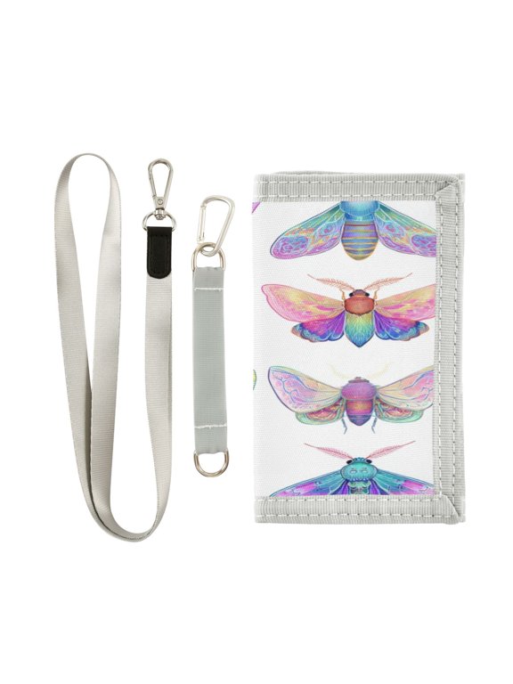 Nylon Fabric Wallet Compact Bifold With Zipper Coin Pocket Card Slots And Detachable Keychain Lanyard Colorful Of Moths