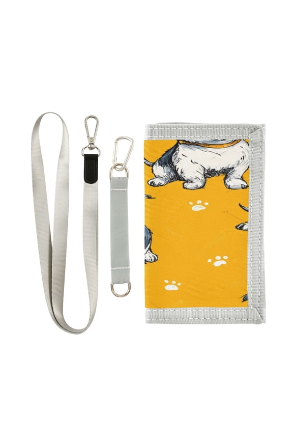 Nylon Fabric Wallet Compact Bifold With Zipper Coin Pocket Card Slots And Detachable Keychain Lanyard Dog Print Design