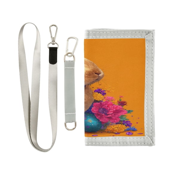 Nylon Fabric Wallet Compact Bifold With Zipper Coin Pocket Card Slots And Detachable Keychain Lanyard Easter Bunny