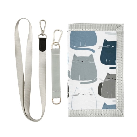 Nylon Fabric Wallet Compact Bifold With Zipper Coin Pocket Card Slots And Detachable Keychain Lanyard Gray and Blue Tones