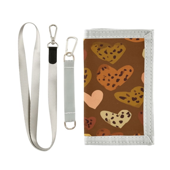 Nylon Fabric Wallet Compact Bifold With Zipper Coin Pocket Card Slots And Detachable Keychain Lanyard Hearts Leopard Print Pattern