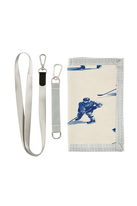 Nylon Fabric Wallet Compact Bifold With Zipper Coin Pocket Card Slots And Detachable Keychain Lanyard Hockey Pattern