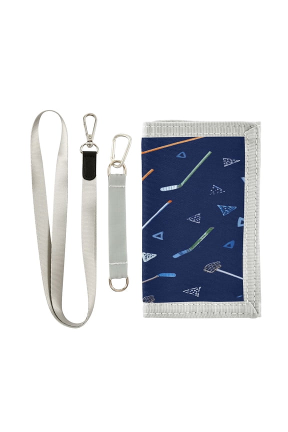 Nylon Fabric Wallet Compact Bifold With Zipper Coin Pocket Card Slots And Detachable Keychain Lanyard Hockey Themed Pattern