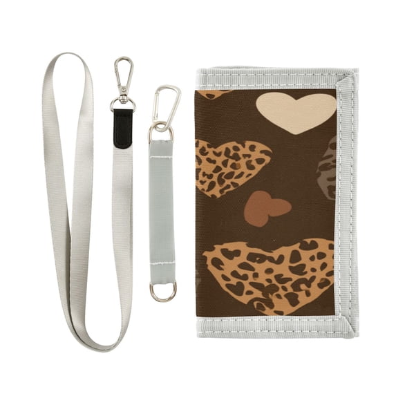 Nylon Fabric Wallet Compact Bifold With Zipper Coin Pocket Card Slots And Detachable Keychain Lanyard Leopard Print Pattern with Hearts
