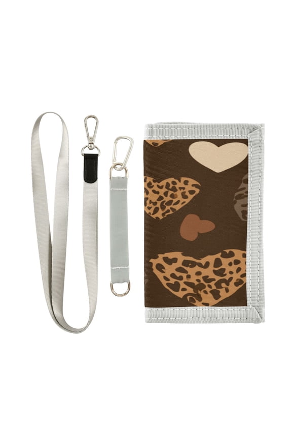 Nylon Fabric Wallet Compact Bifold With Zipper Coin Pocket Card Slots And Detachable Keychain Lanyard Leopard Print Pattern with Hearts