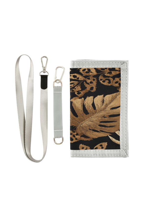 Nylon Fabric Wallet Compact Bifold With Zipper Coin Pocket Card Slots And Detachable Keychain Lanyard Leopard Print and Palm Leaves Brown Tones