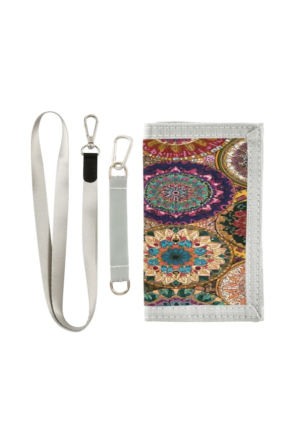 Nylon Fabric Wallet Compact Bifold With Zipper Coin Pocket Card Slots And Detachable Keychain Lanyard Mandala Designs