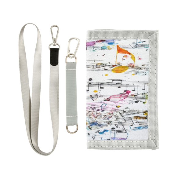 Nylon Fabric Wallet Compact Bifold With Zipper Coin Pocket Card Slots And Detachable Keychain Lanyard Musical Notes