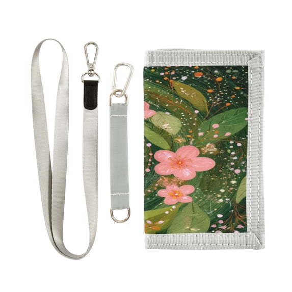 Nylon Fabric Wallet Compact Bifold With Zipper Coin Pocket Card Slots And Detachable Keychain Lanyard Painting Of Green Spiral with Florals