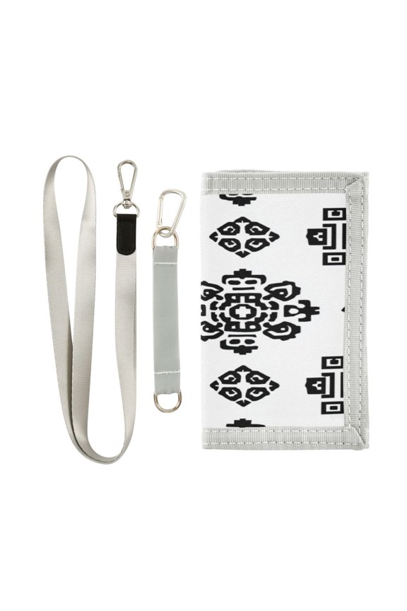 Nylon Fabric Wallet Compact Bifold With Zipper Coin Pocket Card Slots And Detachable Keychain Lanyard Pattern Of Aztec