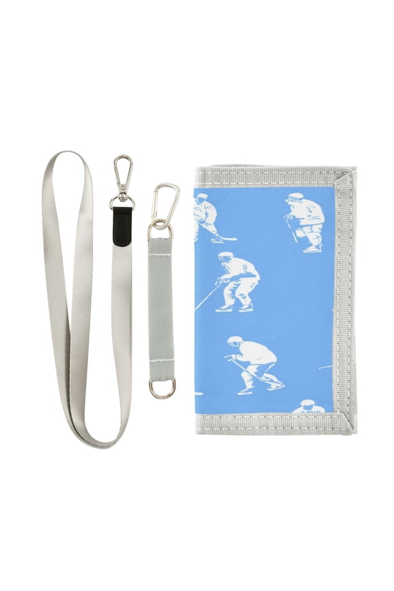 Nylon Fabric Wallet Compact Bifold With Zipper Coin Pocket Card Slots And Detachable Keychain Lanyard Pattern Of Hockey Players