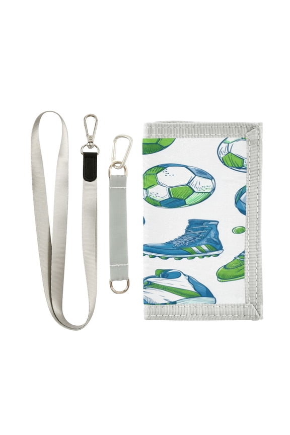 Nylon Fabric Wallet Compact Bifold With Zipper Coin Pocket Card Slots And Detachable Keychain Lanyard Pattern Of Soccer Elements