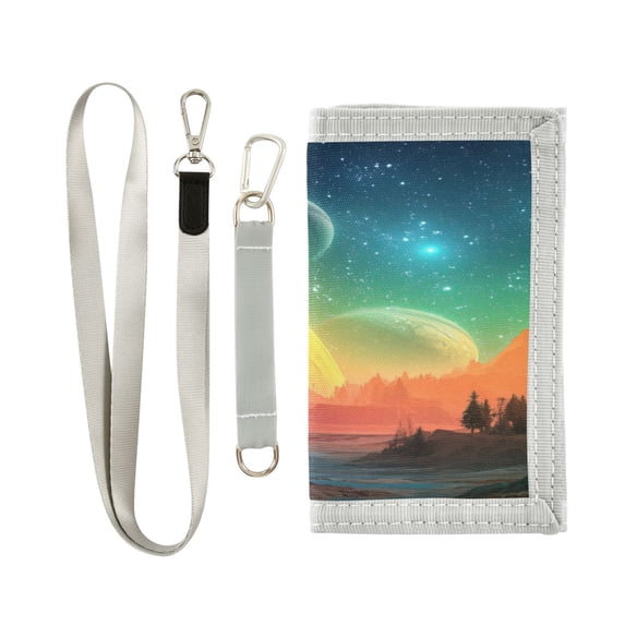 Nylon Fabric Wallet Compact Bifold With Zipper Coin Pocket Card Slots And Detachable Keychain Lanyard Planets & Stars in The Sky