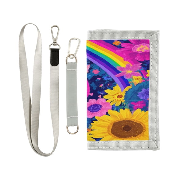 Nylon Fabric Wallet Compact Bifold With Zipper Coin Pocket Card Slots And Detachable Keychain Lanyard Rainbows & Peace Signs