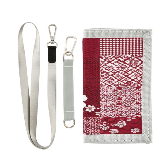 Nylon Fabric Wallet Compact Bifold With Zipper Coin Pocket Card Slots And Detachable Keychain Lanyard Red and White Pattern