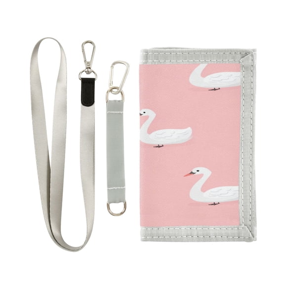 Nylon Fabric Wallet Compact Bifold With Zipper Coin Pocket Card Slots And Detachable Keychain Lanyard Swan Pattern