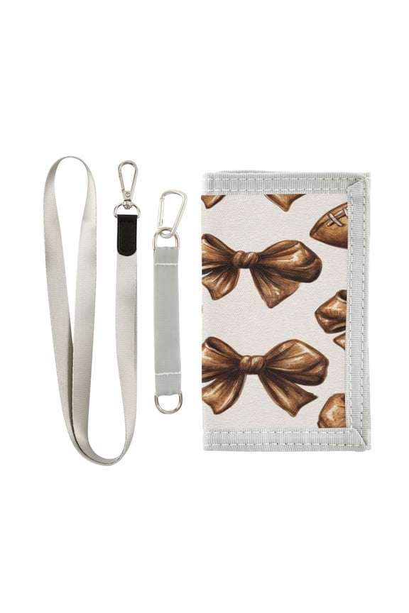 Nylon Fabric Wallet Compact Bifold With Zipper Coin Pocket Card Slots And Detachable Keychain Lanyard Vintage Brown Football Bows