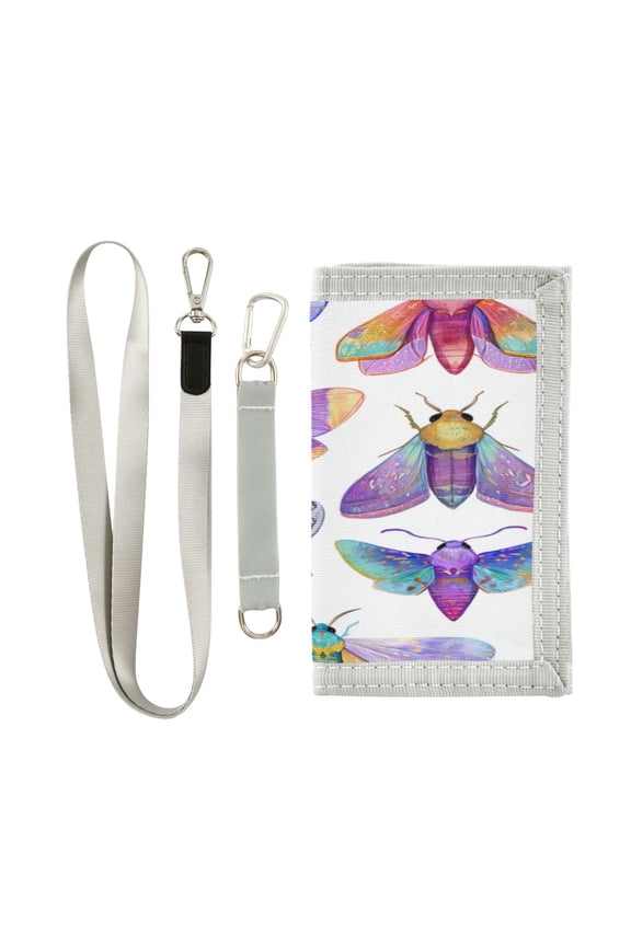 Nylon Fabric Wallet Compact Bifold With Zipper Coin Pocket Card Slots And Detachable Keychain Lanyard Whimsical Moths