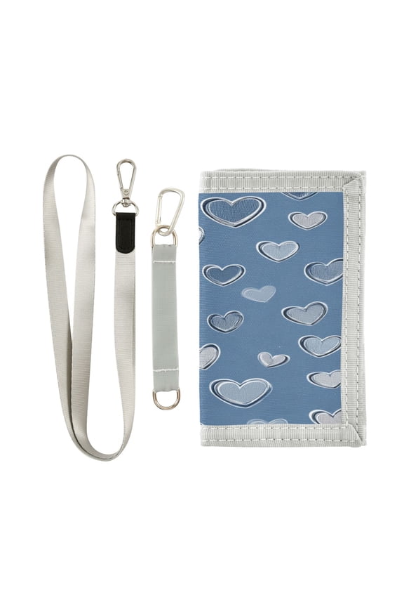 Nylon Fabric Wallet Compact Bifold With Zipper Coin Pocket Card Slots And Detachable Keychain Lanyard White Hearts Pattern