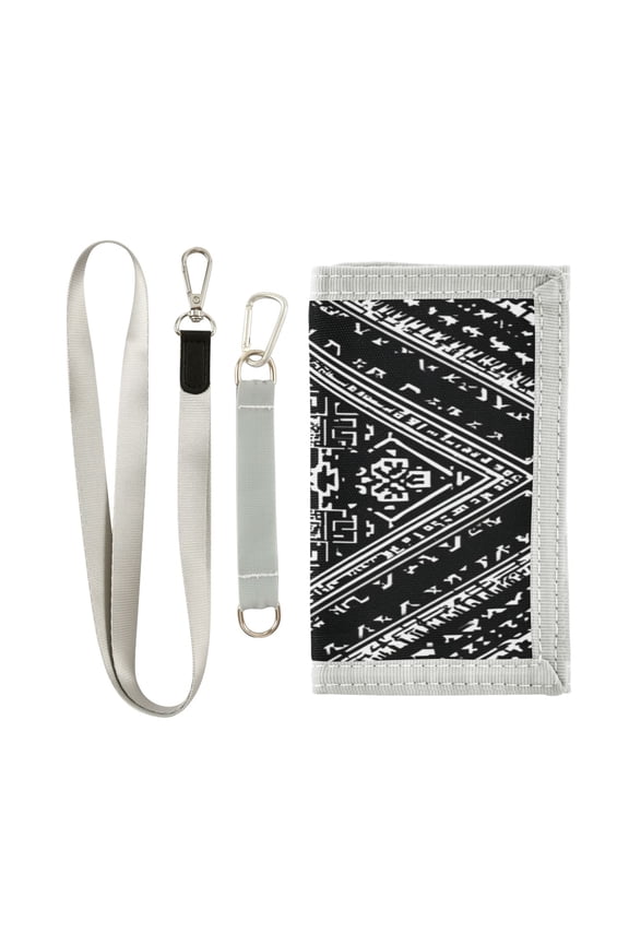 Nylon Fabric Wallet Compact Bifold With Zipper Coin Pocket Card Slots And Detachable Keychain Lanyard White and Black Aztec Pattern
