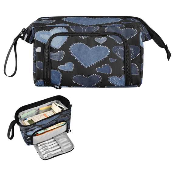 Nylon Fish Mouth Pencil Case with Large Capacity Zipper Pencil Pouch A Pattern Of Denim Hearts Pencil Bag Organizers