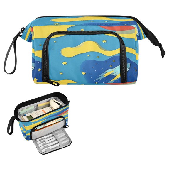 Nylon Fish Mouth Pencil Case with Large Capacity Zipper Pencil Pouch A Rocket Pencil Bag Organizers
