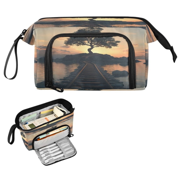 Nylon Fish Mouth Pencil Case with Large Capacity Zipper Pencil Pouch A Tree with Rocks and Train Pencil Bag Organizers