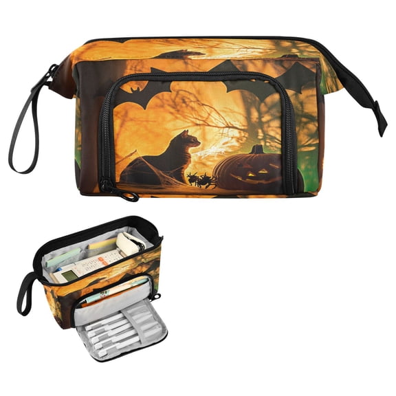 Nylon Fish Mouth Pencil Case with Large Capacity Zipper Pencil Pouch Black Bat Cat Pencil Bag Organizers