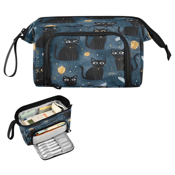 Nylon Fish Mouth Pencil Case with Large Capacity Zipper Pencil Pouch Black Cats and Mystical Symbols Pencil Bag Organizers