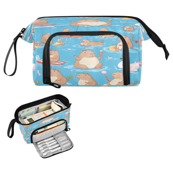 Nylon Fish Mouth Pencil Case with Large Capacity Zipper Pencil Pouch Capybaras Pattern Pencil Bag Organizers