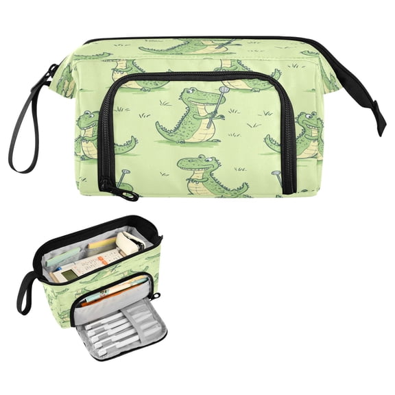Nylon Fish Mouth Pencil Case with Large Capacity Zipper Pencil Pouch Cartoon Alligators Playing Golf Pencil Bag Organizers