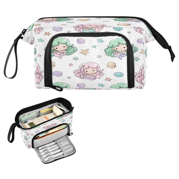Nylon Fish Mouth Pencil Case with Large Capacity Zipper Pencil Pouch Cute Mermaid Pattern Pencil Bag Organizers