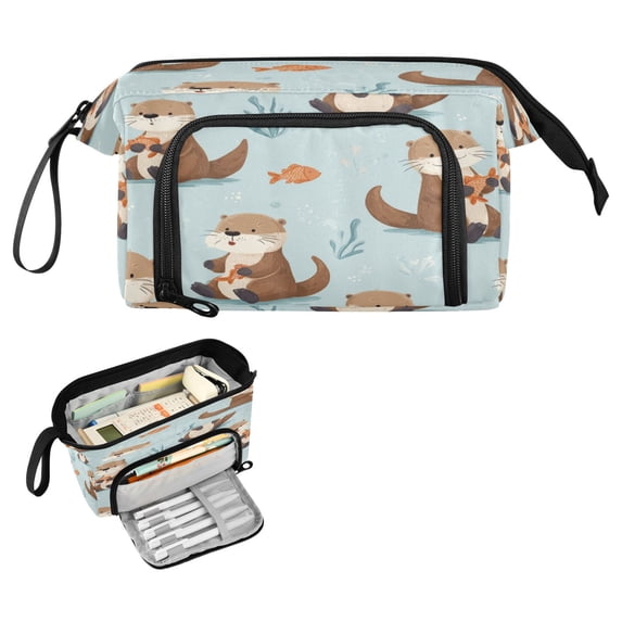 Nylon Fish Mouth Pencil Case with Large Capacity Zipper Pencil Pouch Cute Otters in Various Poses Pencil Bag Organizers