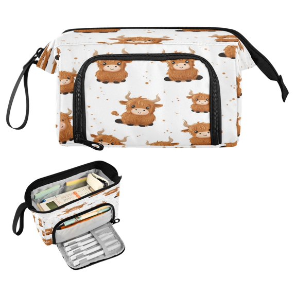 Nylon Fish Mouth Pencil Case with Large Capacity Zipper Pencil Pouch Cute Yaks Cow Pattern Pencil Bag Organizers