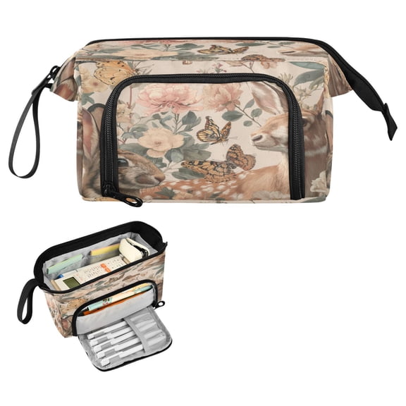 Nylon Fish Mouth Pencil Case with Large Capacity Zipper Pencil Pouch Deer and Butterflies Pattern Pencil Bag Organizers