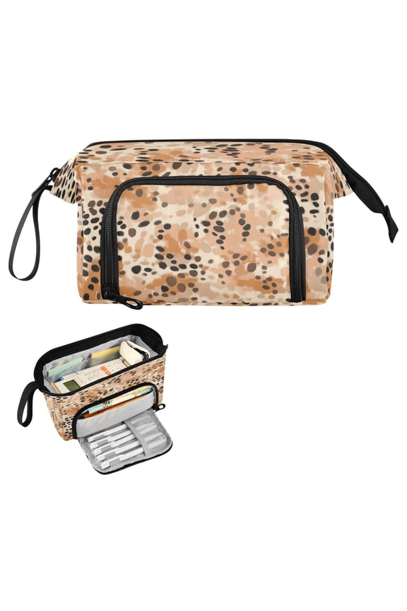 Nylon Fish Mouth Pencil Case with Large Capacity Zipper Pencil Pouch Earthy Brown Leopard Print Pencil Bag Organizers