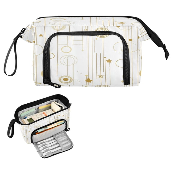 Nylon Fish Mouth Pencil Case with Large Capacity Zipper Pencil Pouch Gold and White Geometric Pattern Pencil Bag Organizers