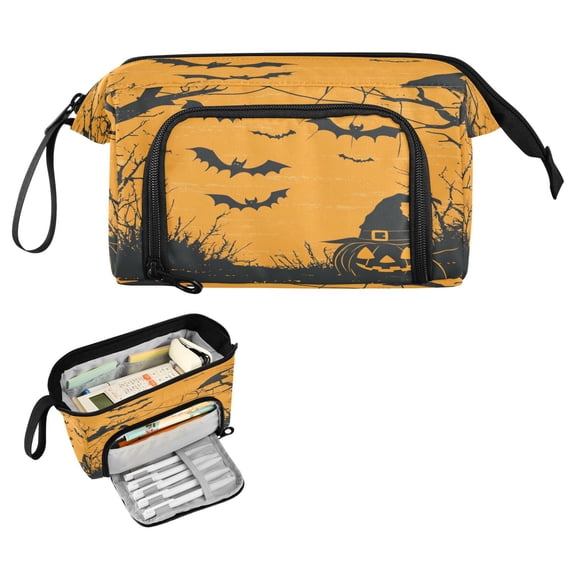 Nylon Fish Mouth Pencil Case with Large Capacity Zipper Pencil Pouch Halloween Themed Bat Pattern Pencil Bag Organizers