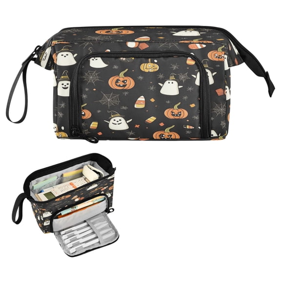 Nylon Fish Mouth Pencil Case with Large Capacity Zipper Pencil Pouch Halloween-themed Fabric Pattern Pencil Bag Organizers