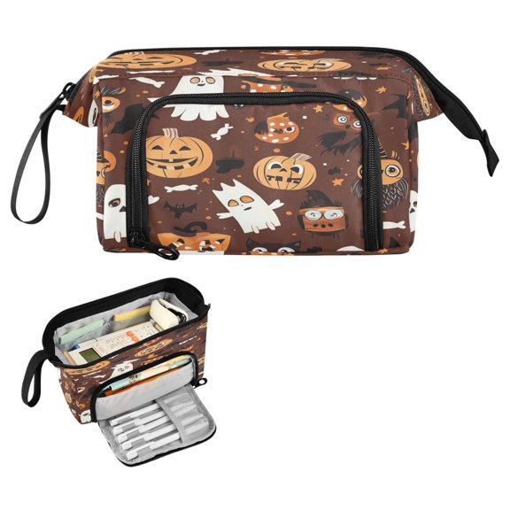 Nylon Fish Mouth Pencil Case with Large Capacity Zipper Pencil Pouch Halloween-themed Pattern Pencil Bag Organizers