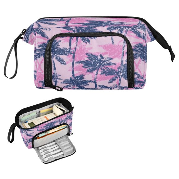 Nylon Fish Mouth Pencil Case with Large Capacity Zipper Pencil Pouch Navy Blue Palm Tree Pencil Bag Organizers