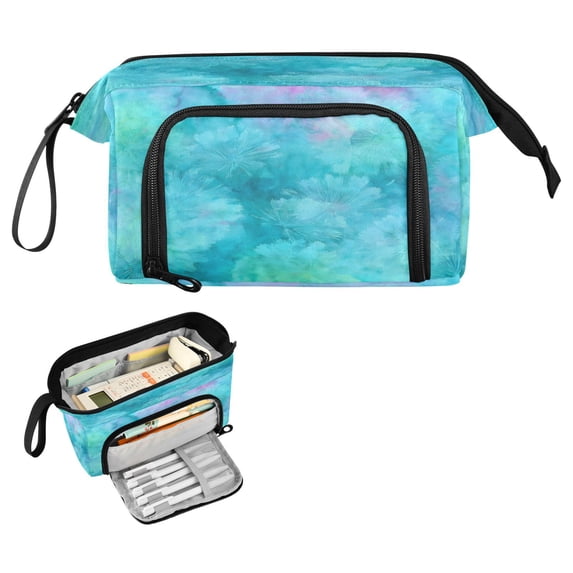 Nylon Fish Mouth Pencil Case with Large Capacity Zipper Pencil Pouch Pastel Blue Dandelions Pencil Bag Organizers