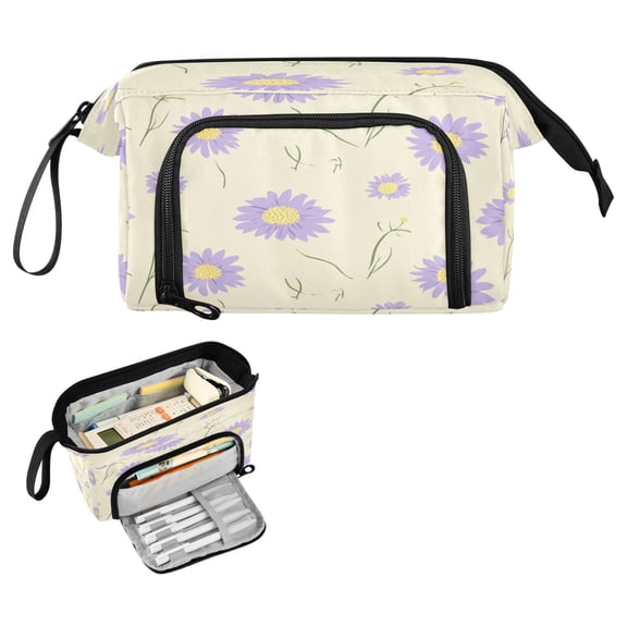 Nylon Fish Mouth Pencil Case with Large Capacity Zipper Pencil Pouch Pastel Purple Chrysanthemum Pattern Pencil Bag Organizers