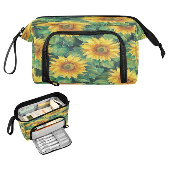 Nylon Fish Mouth Pencil Case with Large Capacity Zipper Pencil Pouch Pattern Of Sunflowers Pencil Bag Organizers
