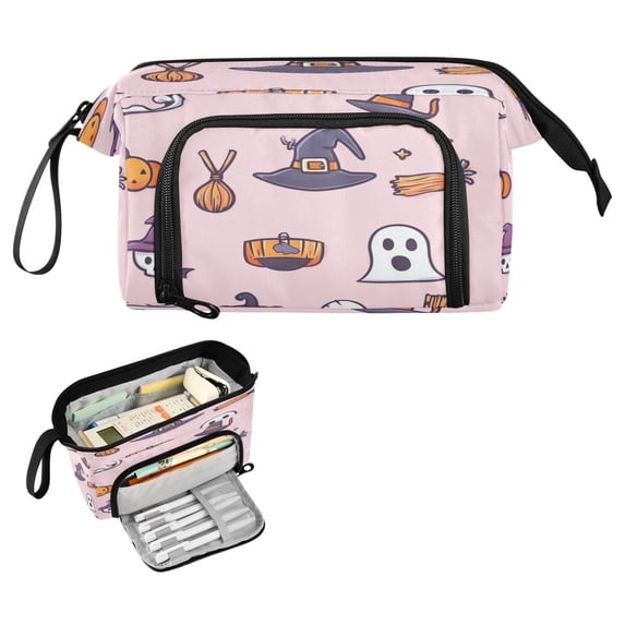 Nylon Fish Mouth Pencil Case with Large Capacity Zipper Pencil Pouch Pink Background Halloween Pattern Pencil Bag Organizers